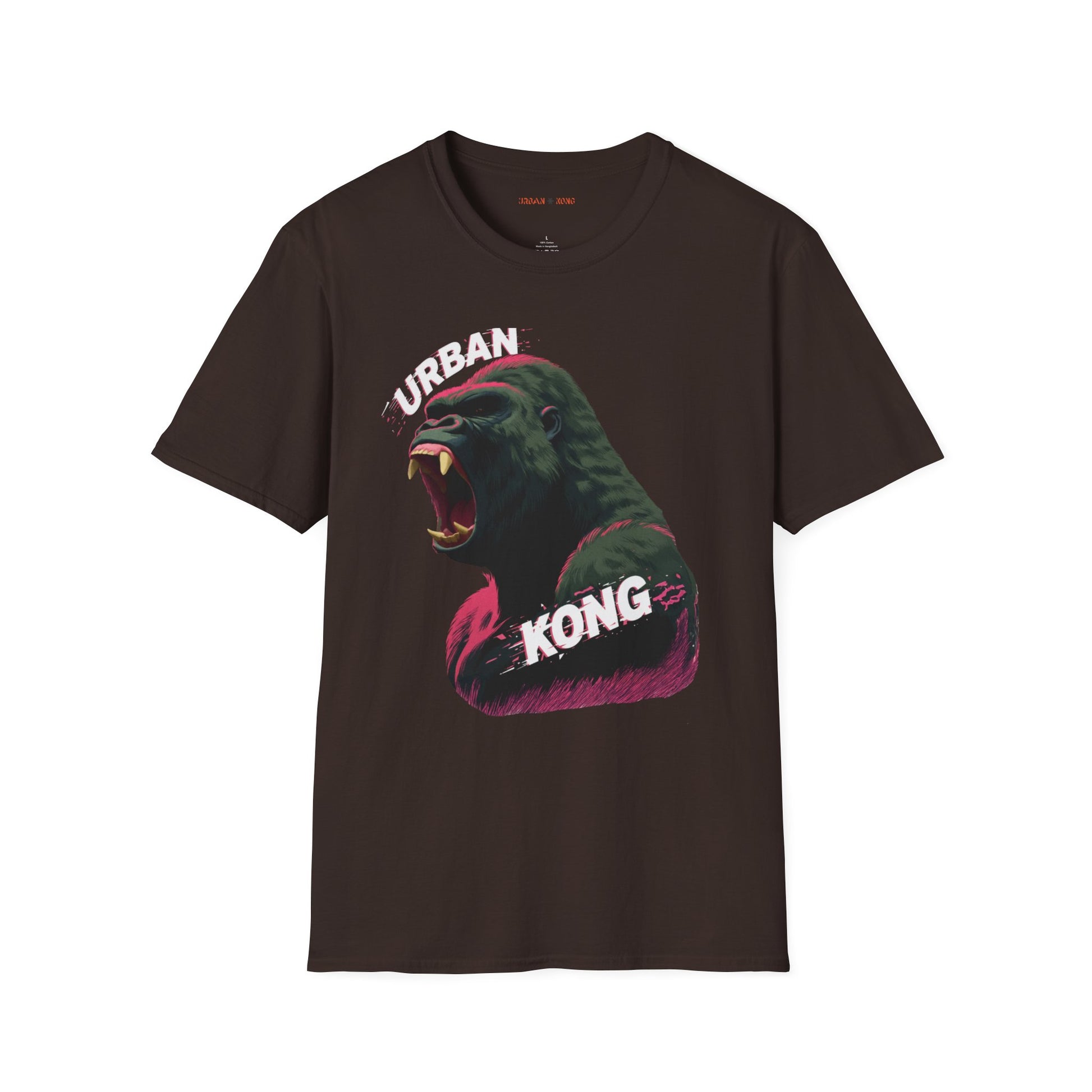 Brown streetwear t-shirt featuring a graphic of a roaring gorilla in green and purple with 'URBAN' text above his head and  'KONG' below.