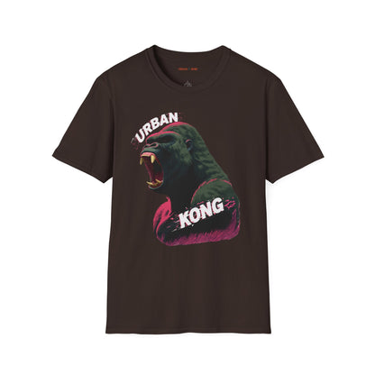 Brown streetwear t-shirt featuring a graphic of a roaring gorilla in green and purple with 'URBAN' text above his head and  'KONG' below.