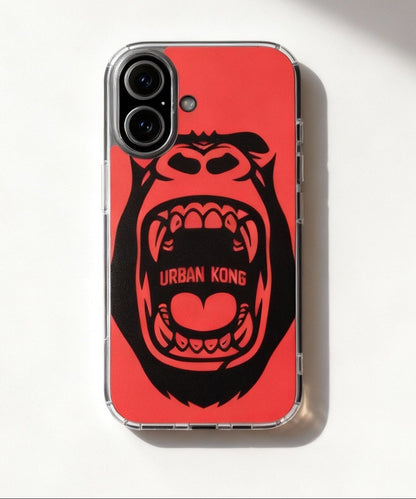 Phone case with a roaring gorilla design on a red background