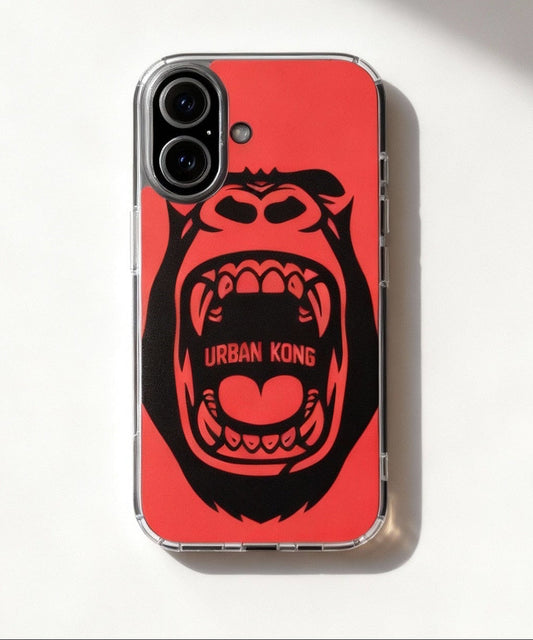 Phone case with a roaring gorilla design on a red background