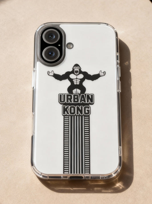 Phone case with 'Urban Kong' design on a beige surface