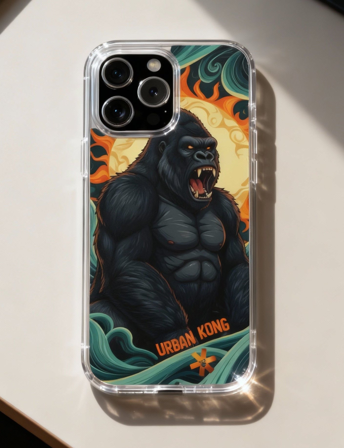 Phone case with a gorilla design labeled 'Urban Kong' on a light surface.