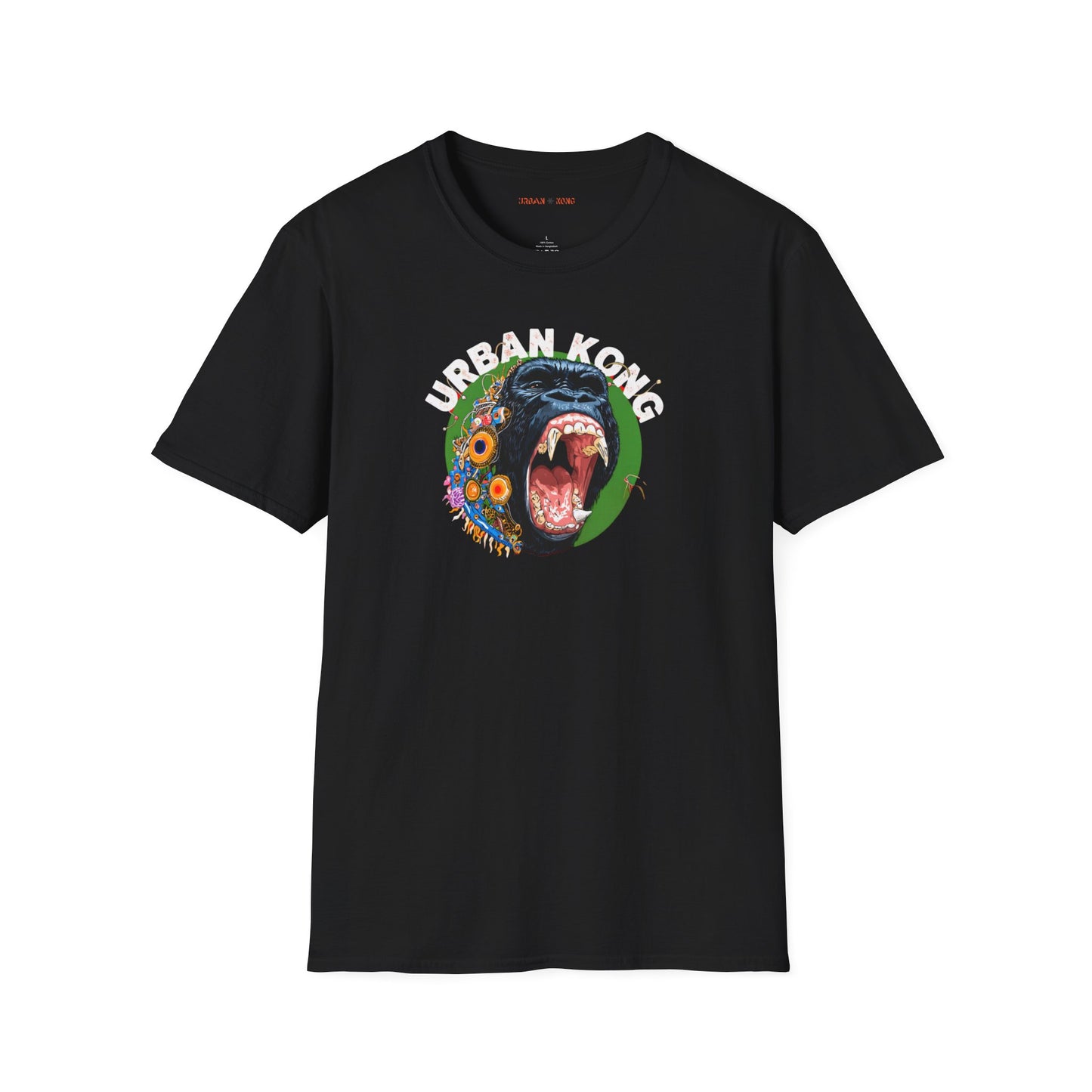 Black streetwear t-shirt Urban Kong with colourful roaring gorilla graphic print.