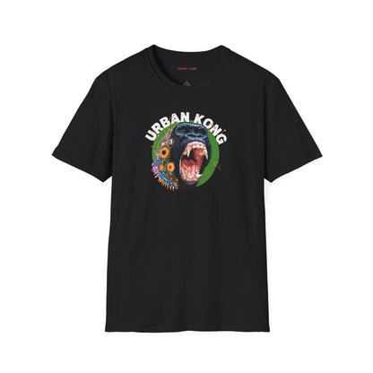 Black streetwear t-shirt Urban Kong with colourful roaring gorilla graphic print.