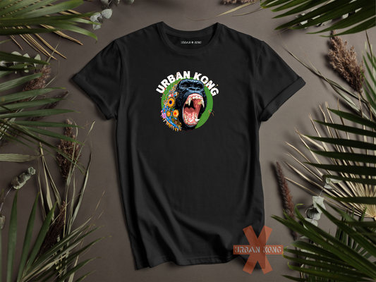 Black streetwear t-shirt Urban Kong with colourful roaring gorilla graphic print.