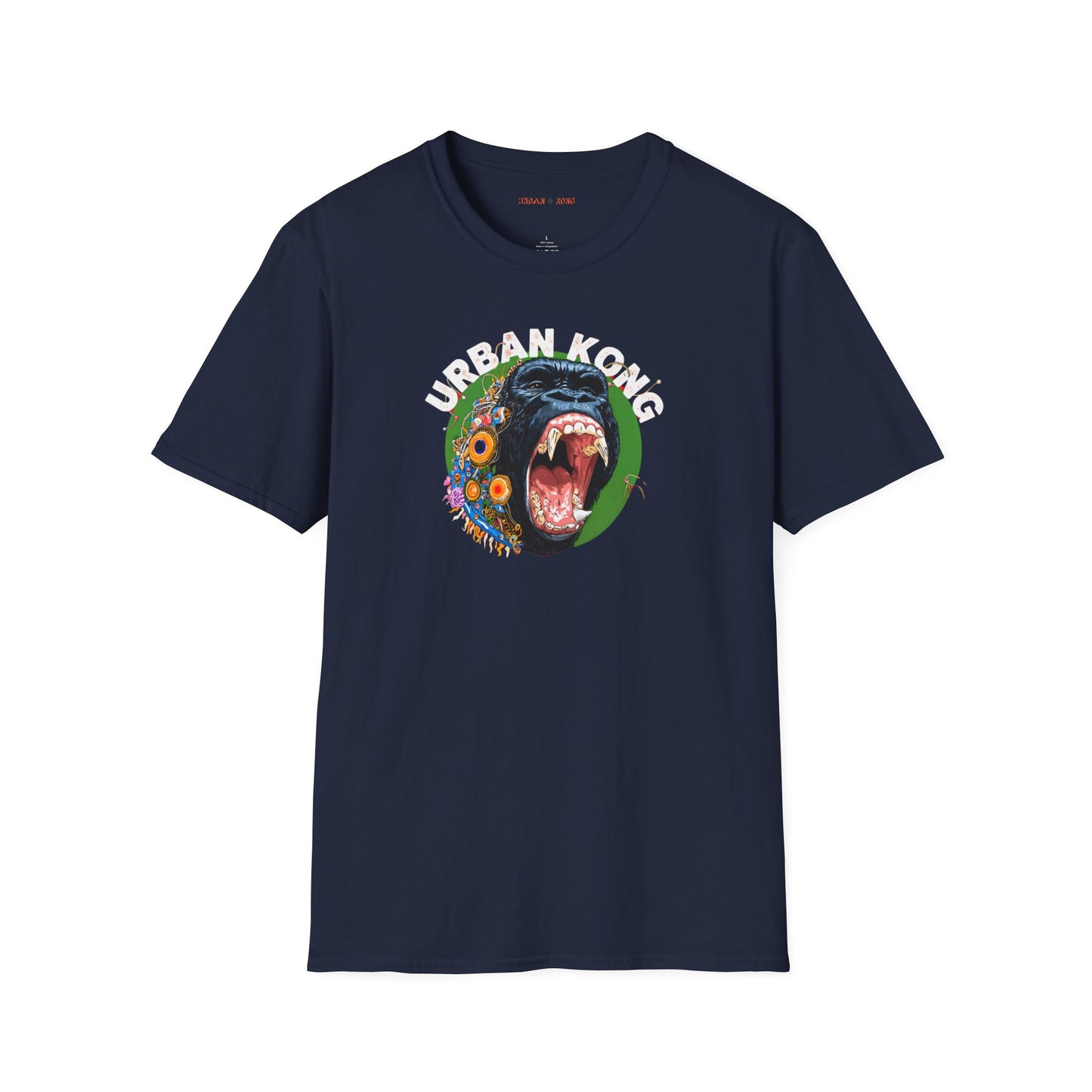 Blue streetwear t-shirt Urban Kong with colourful roaring gorilla graphic print.