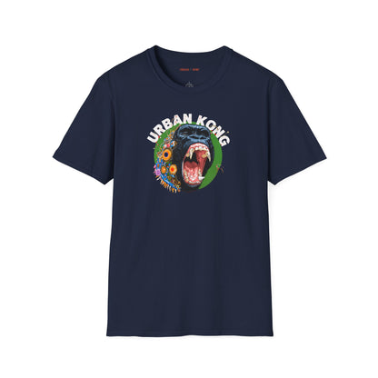 Blue streetwear t-shirt Urban Kong with colourful roaring gorilla graphic print.