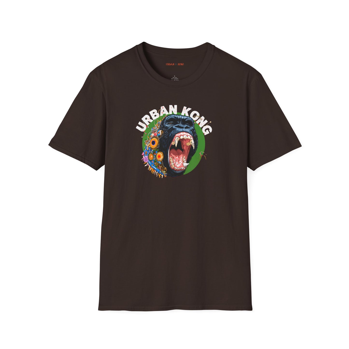 Brown streetwear t-shirt Urban Kong with colourful roaring gorilla graphic print.