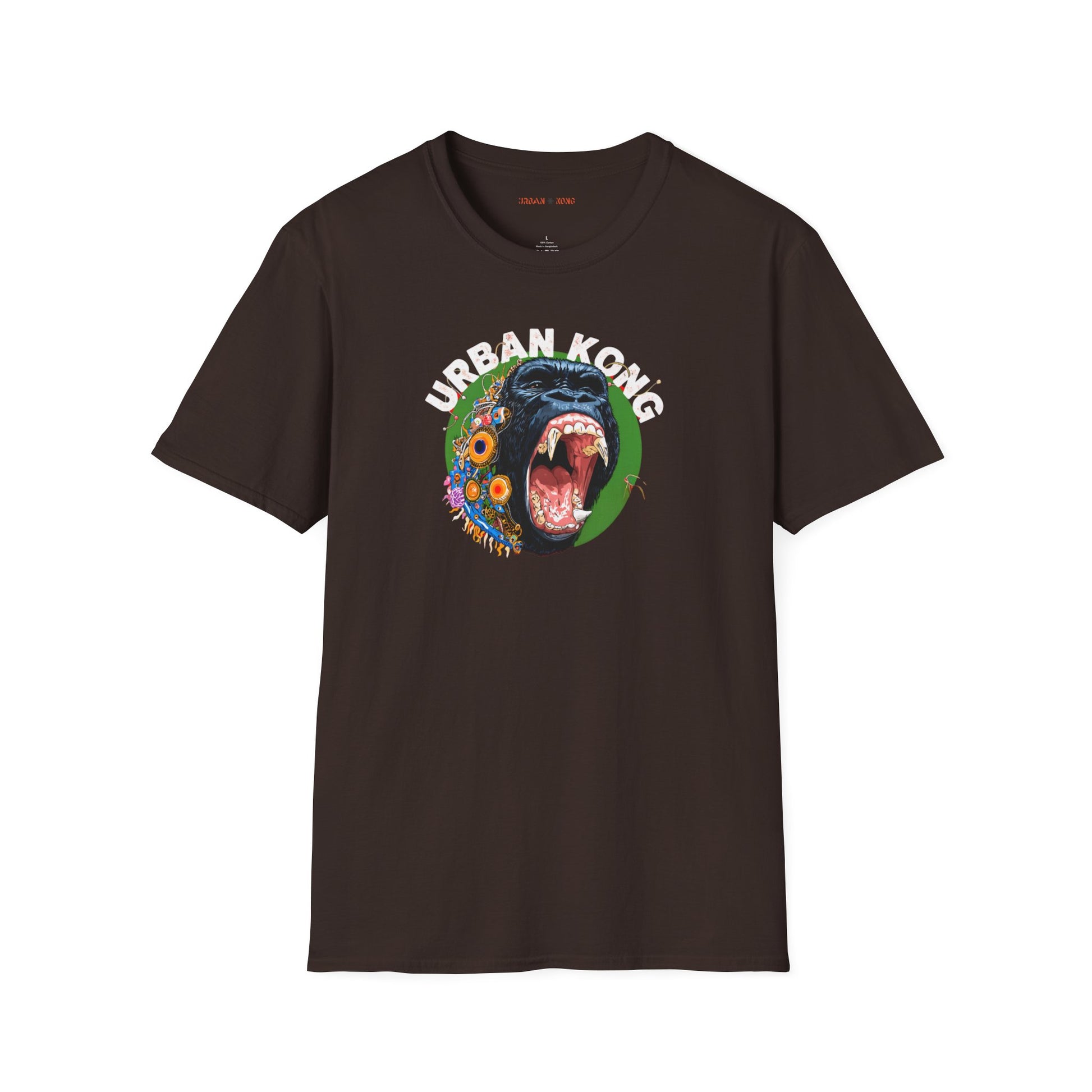 Brown streetwear t-shirt Urban Kong with colourful roaring gorilla graphic print.