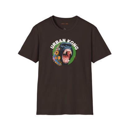 Brown streetwear t-shirt Urban Kong with colourful roaring gorilla graphic print.
