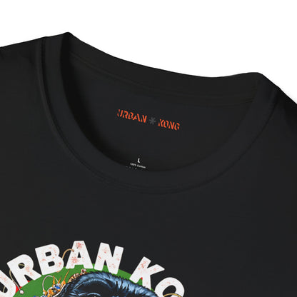 Closeup on the label of the black streetwear t-shirt Urban Kong with colourful roaring gorilla graphic print.