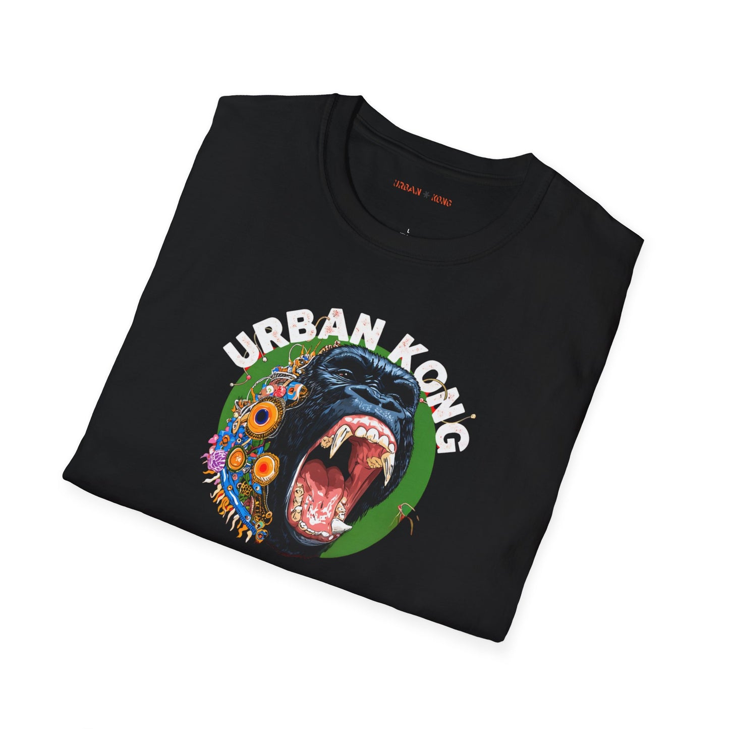 Folded black streetwear t-shirt Urban Kong with colourful roaring gorilla graphic print.