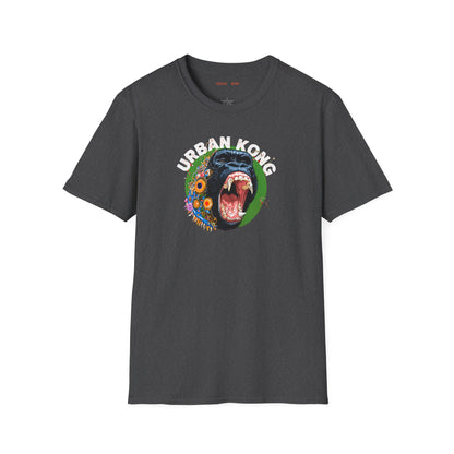 Grey streetwear t-shirt Urban Kong with colourful roaring gorilla graphic print.