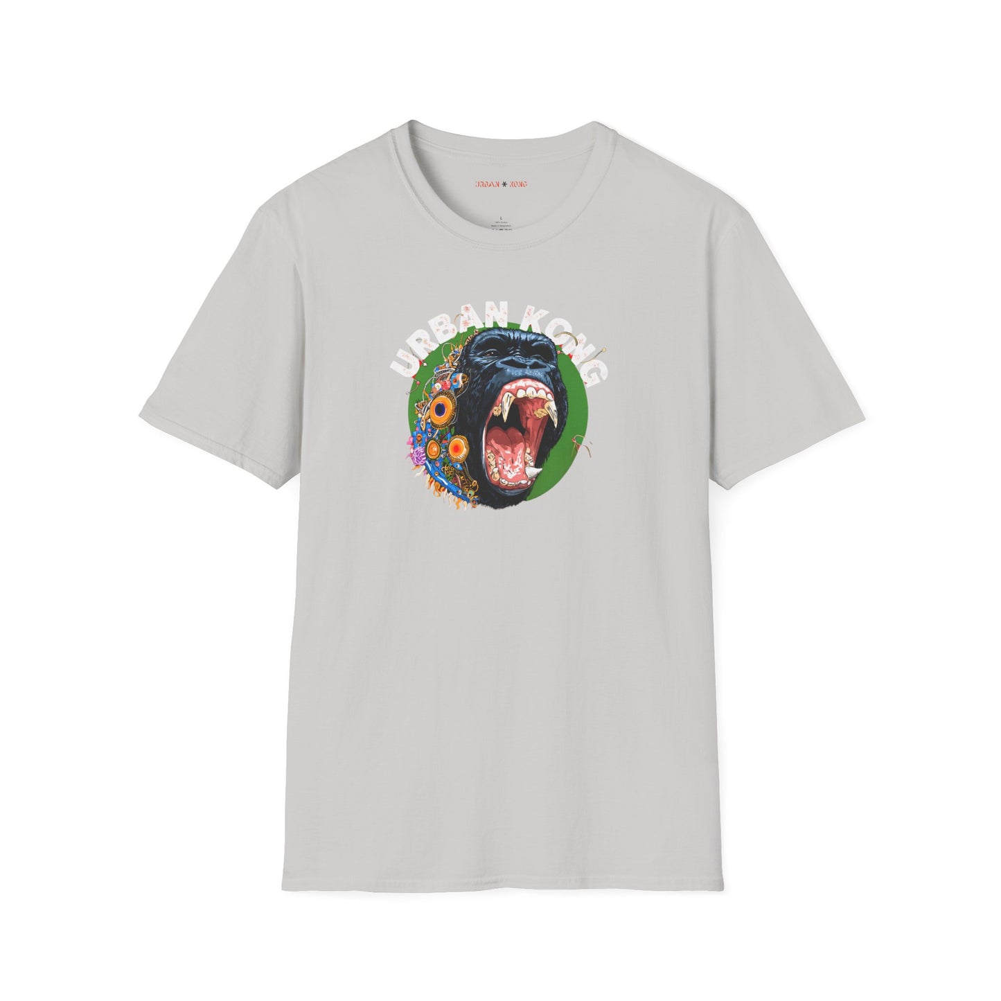 White streetwear t-shirt Urban Kong with colourful roaring gorilla graphic print.