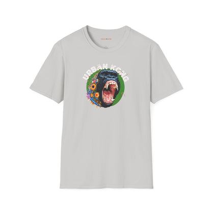 White streetwear t-shirt Urban Kong with colourful roaring gorilla graphic print.