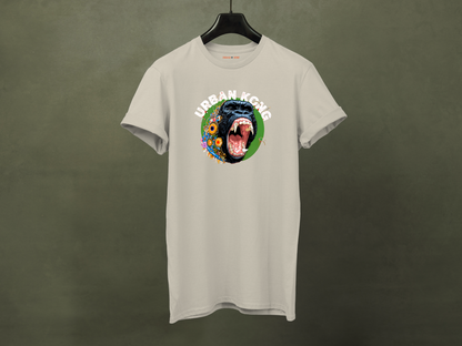 White streetwear t-shirt Urban Kong with colourful roaring gorilla graphic print on hanger.