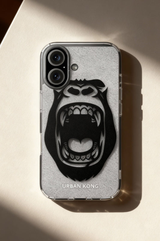 Phone case with a roaring gorilla design on a light surface