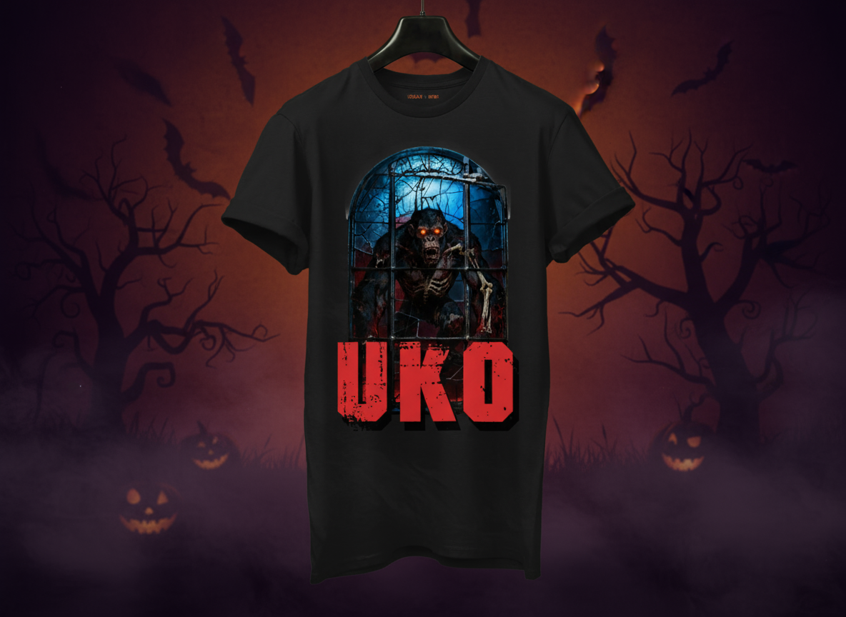 Black t-shirt with a graphic design and 'UKO' text on a Halloween-themed background
