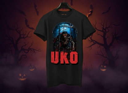 Black t-shirt with a graphic design and 'UKO' text on a Halloween-themed background