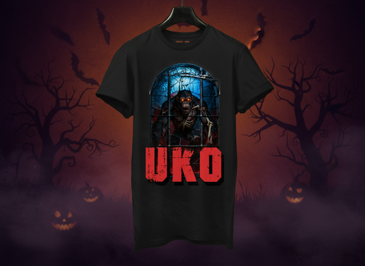 Black t-shirt with a graphic design and 'UKO' text on a Halloween-themed background