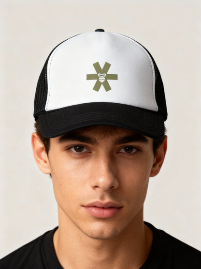 Person wearing a white and black cap with a logo on a plain background