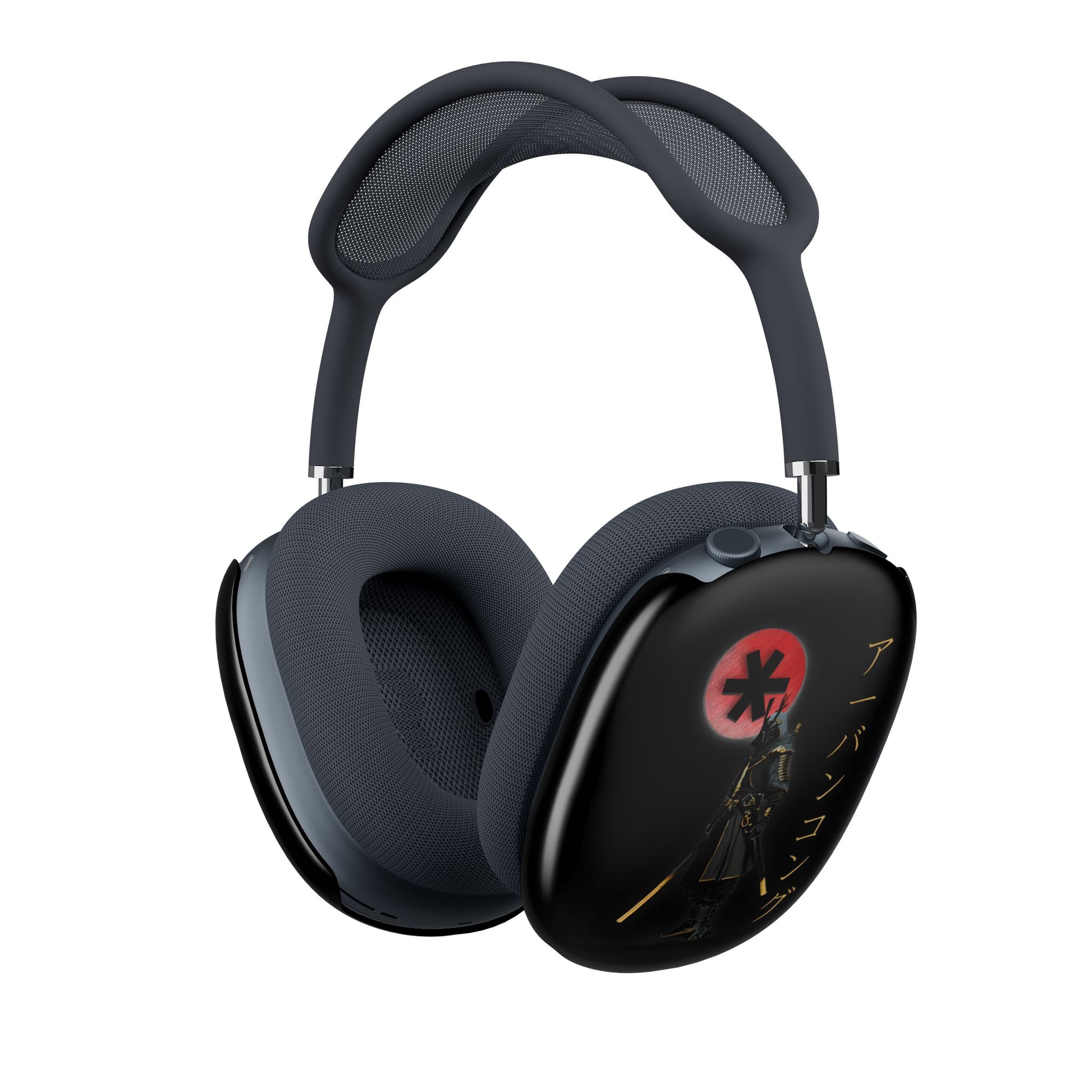 Black over-ear headphones with a distinctive logo on a white background