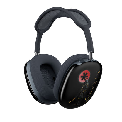 Black over-ear headphones with a distinctive logo on a white background