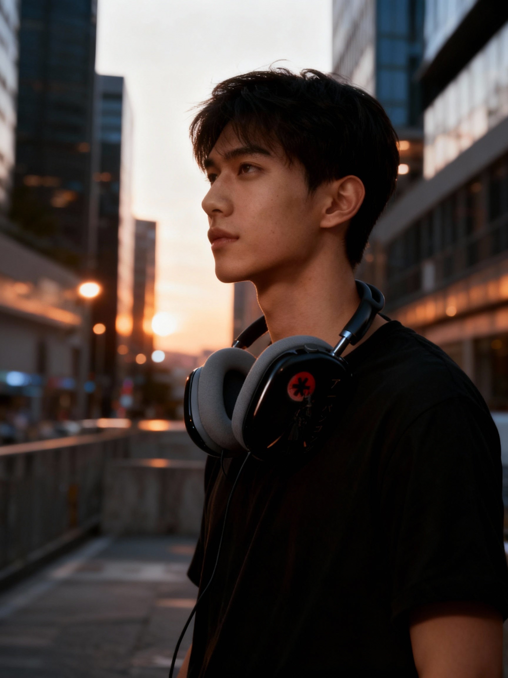 Man wearing headphones in an urban setting with a cityscape background