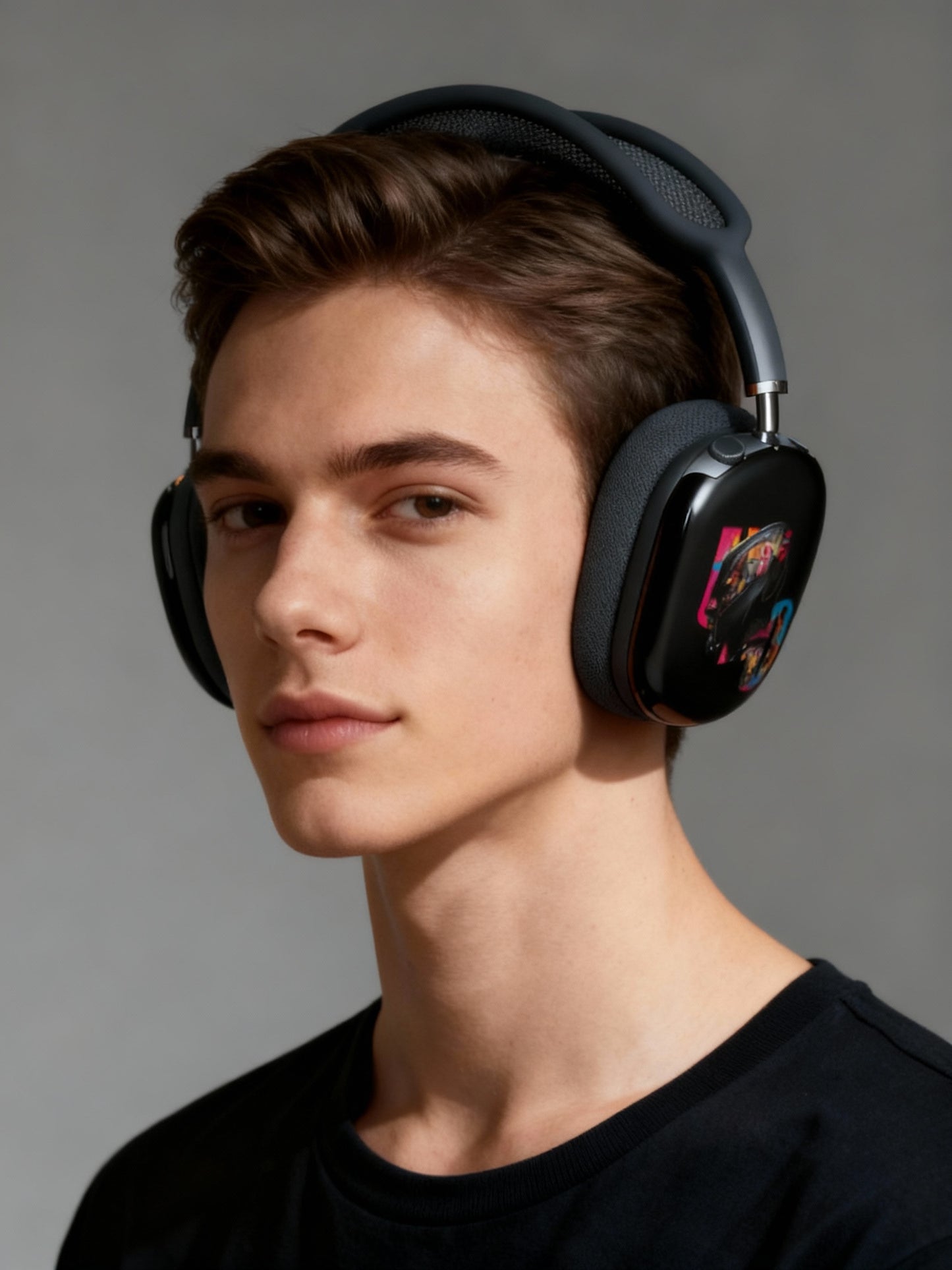 Person wearing black headphones with colorful design on a gray background