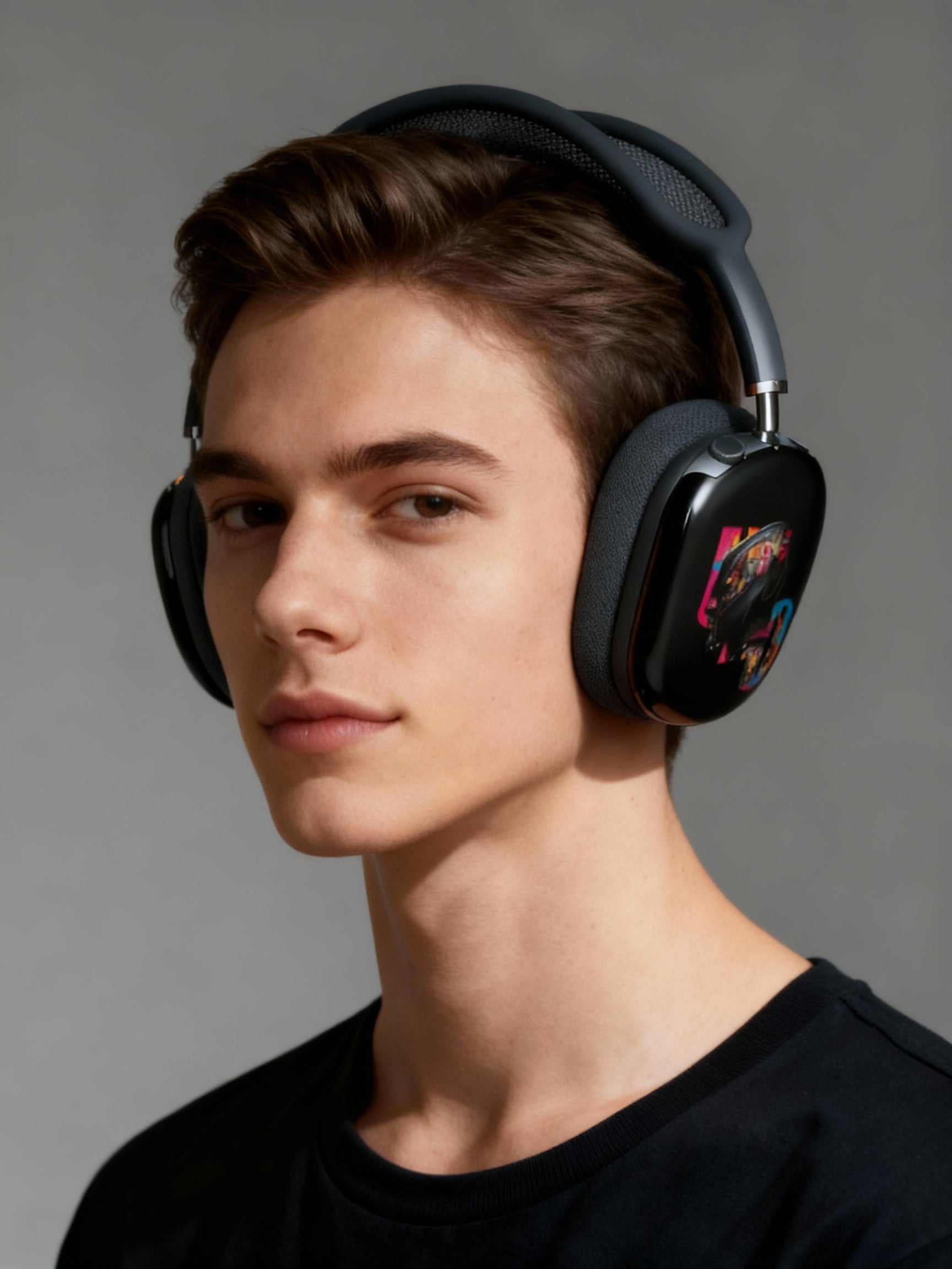 Person wearing black headphones with colorful design on a gray background
