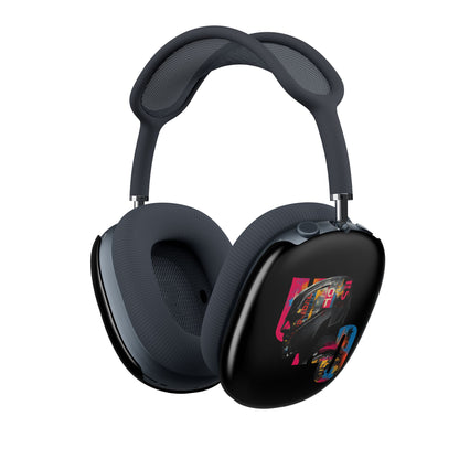 Black over-ear headphones with colorful design on a white background
