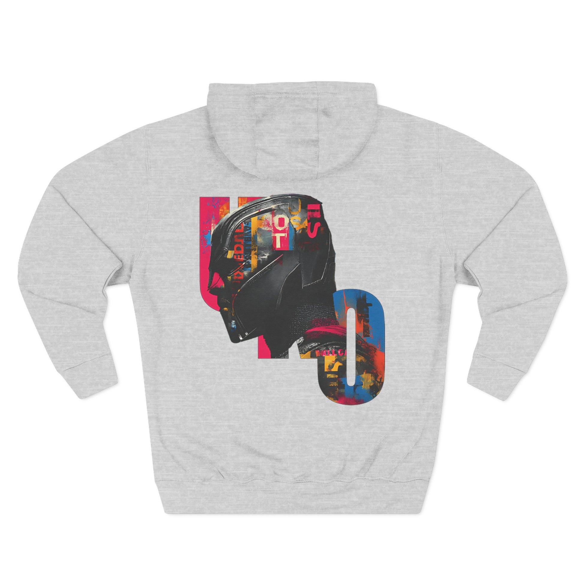 Gray hoodie with a colorful graphic design on the back against a white background