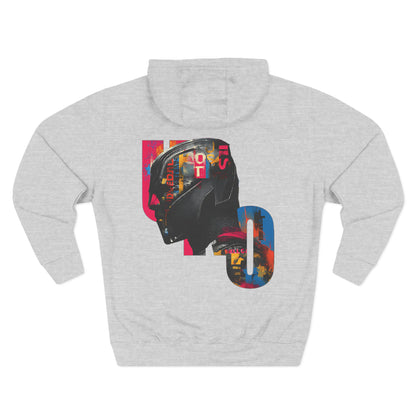 Gray hoodie with a colorful graphic design on the back against a white background