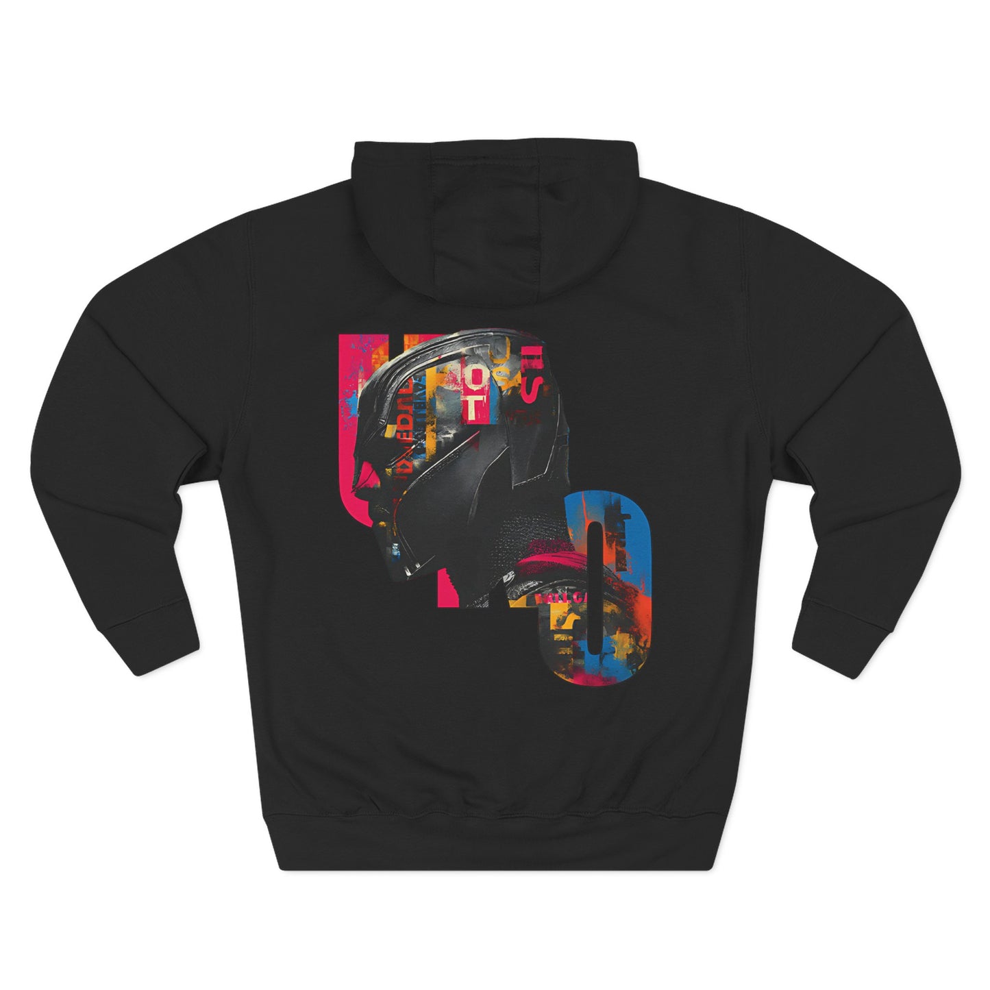 Black hoodie with colorful graphic design on a white background