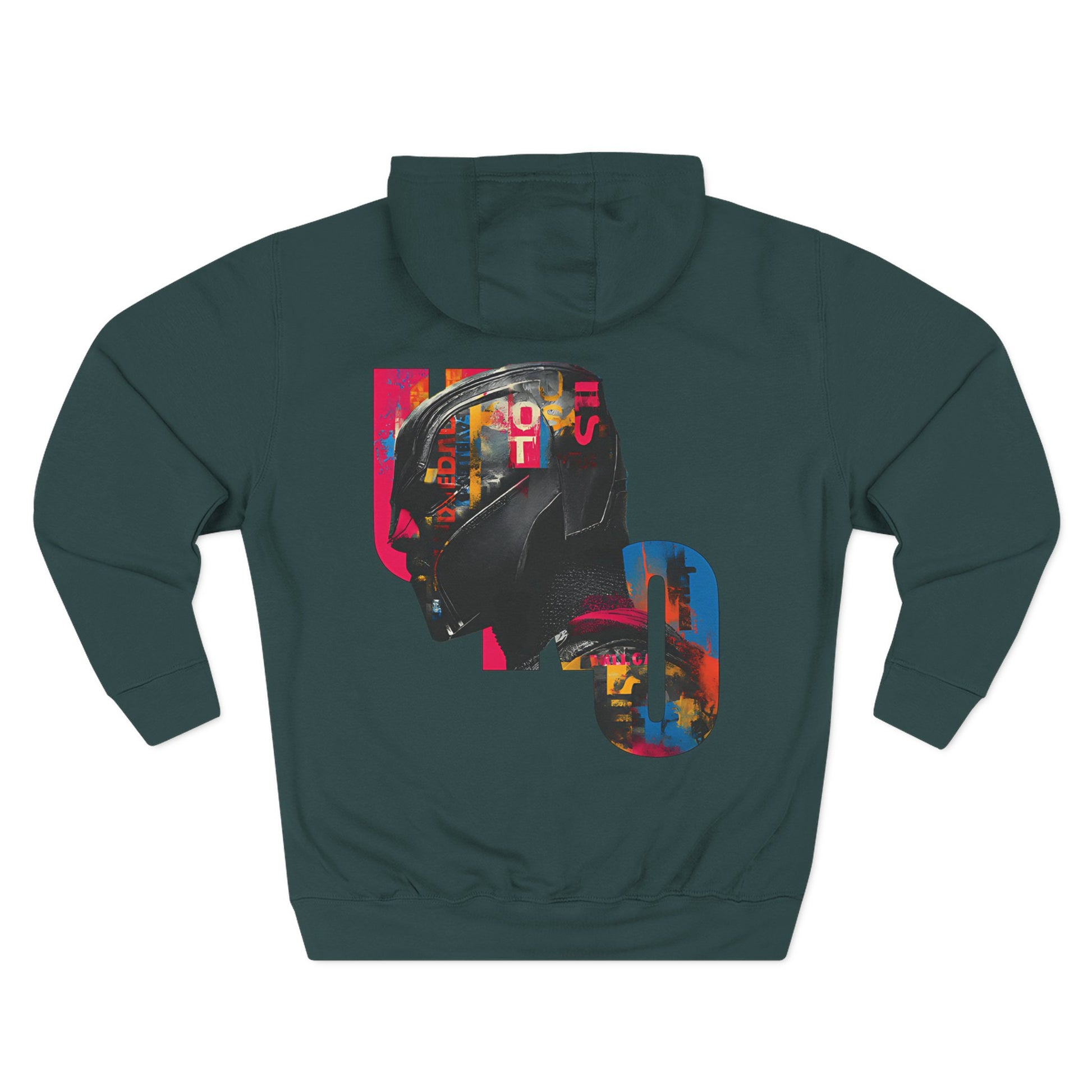 Dark green hoodie with a colorful graphic design on the back against a white background