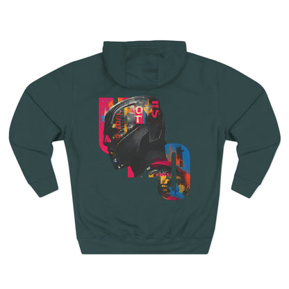 Dark green hoodie with a colorful graphic design on the back against a white background