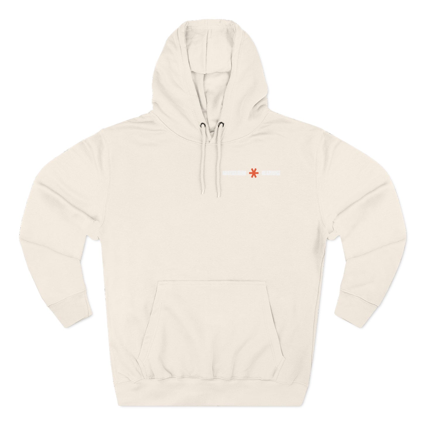 Beige hoodie with a small red logo on a white background