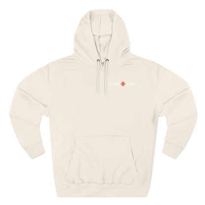 Beige hoodie with a small red logo on a white background