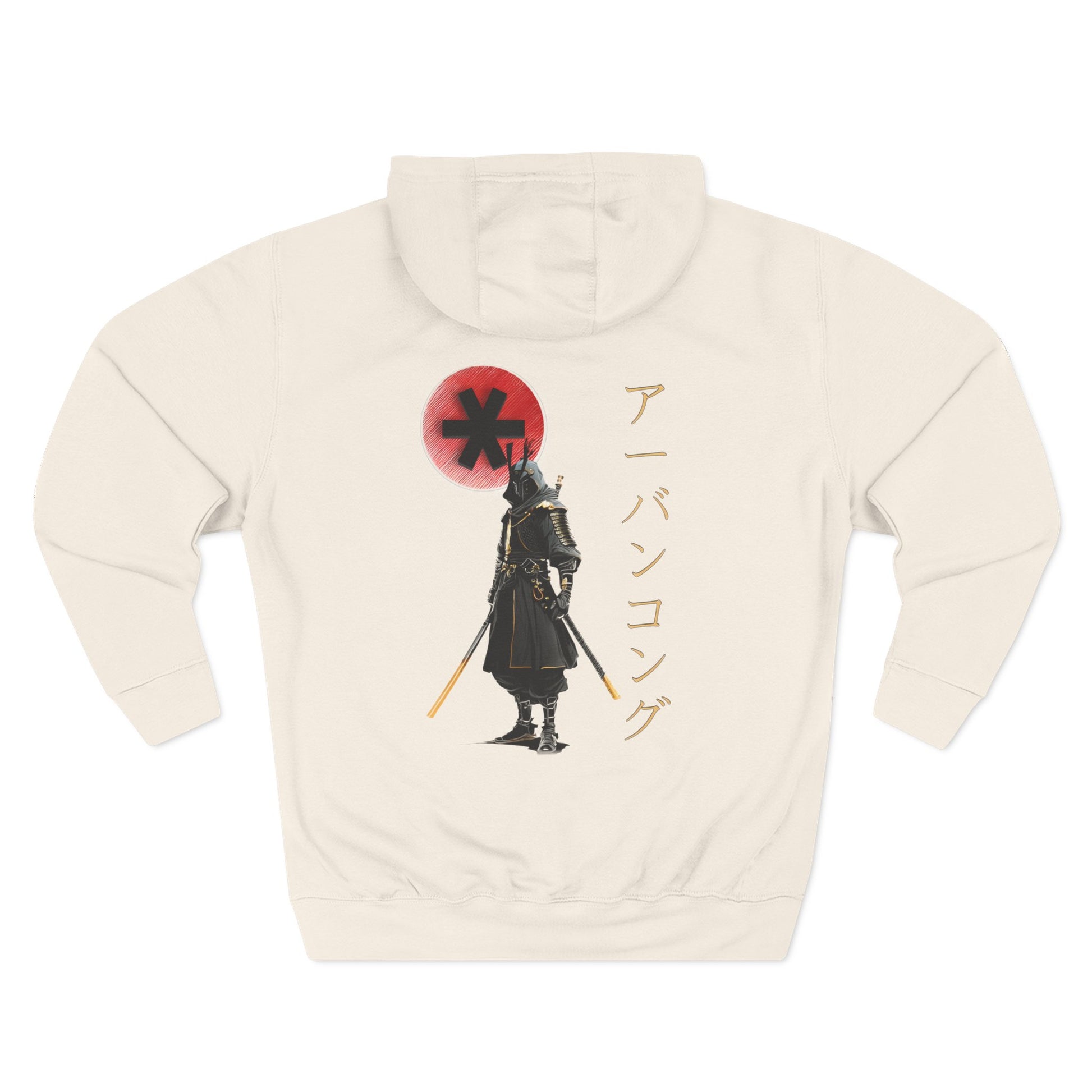 Beige hoodie with a graphic design of a samurai and red circle on the back