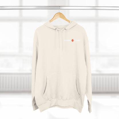 Beige hoodie with a red logo on a hanger against a white background
