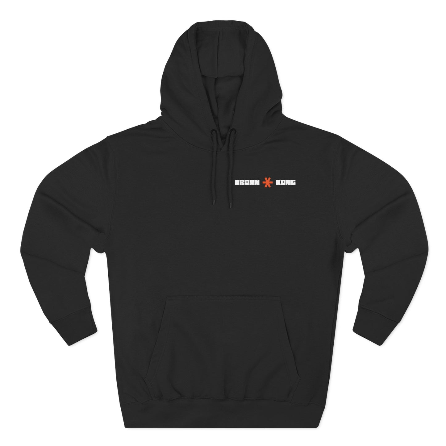 Black hoodie with a logo on the chest against a white background
