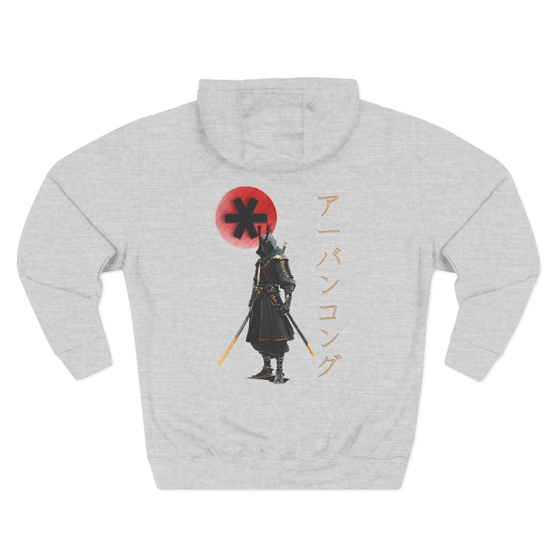 Gray hoodie with a graphic design of a person in traditional attire and a red circle with a black symbol on the back.