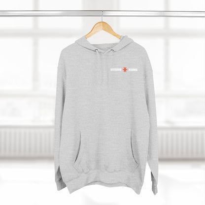 Gray hoodie with a logo on a hanger against a white background