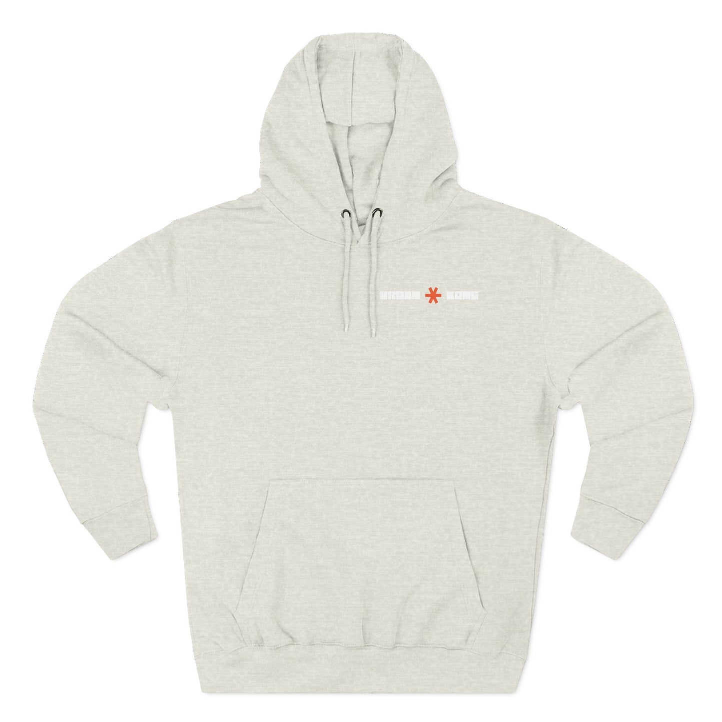 Light gray hoodie with a small logo on a white background