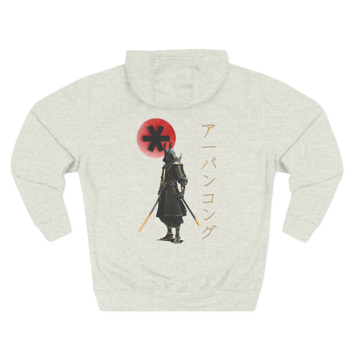 Light gray hoodie with a graphic design on the back featuring a character in armor and a red circle with a black symbol.