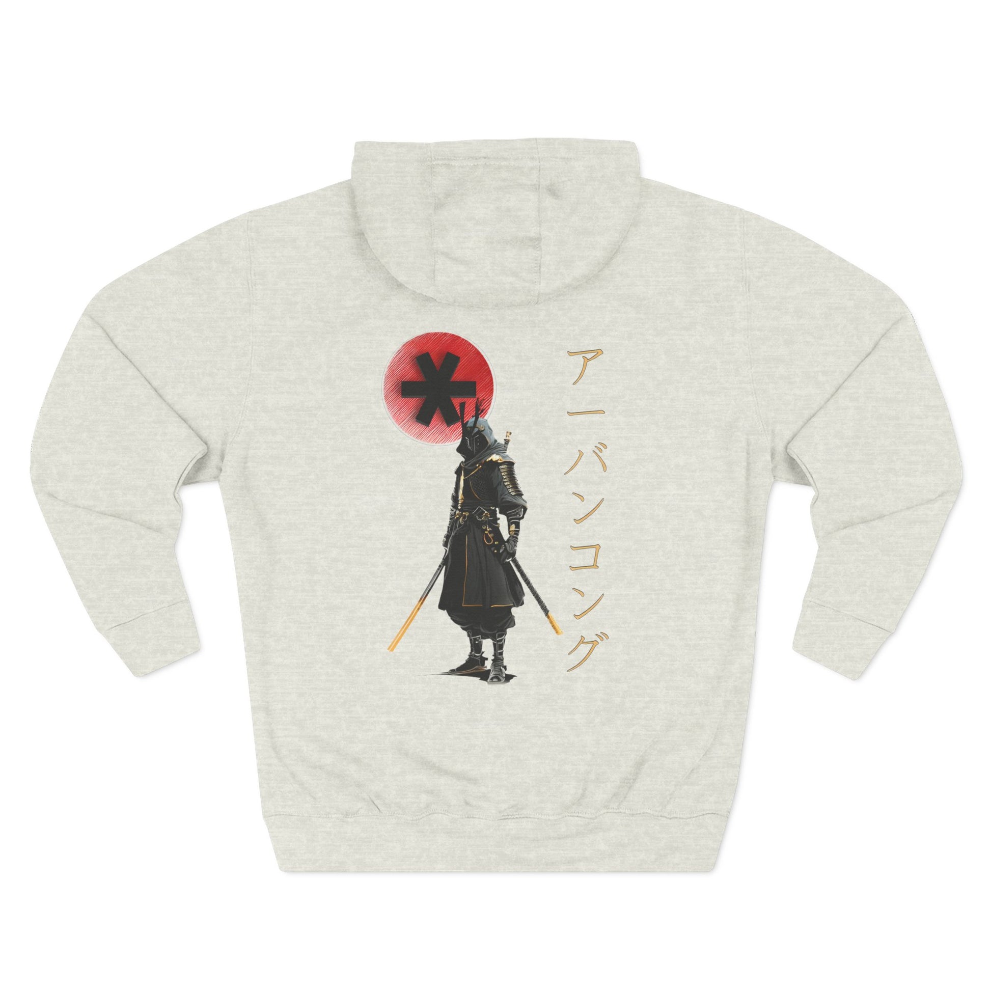 Light gray hoodie with a graphic design on the back featuring a character in armor and a red circle with a black symbol.