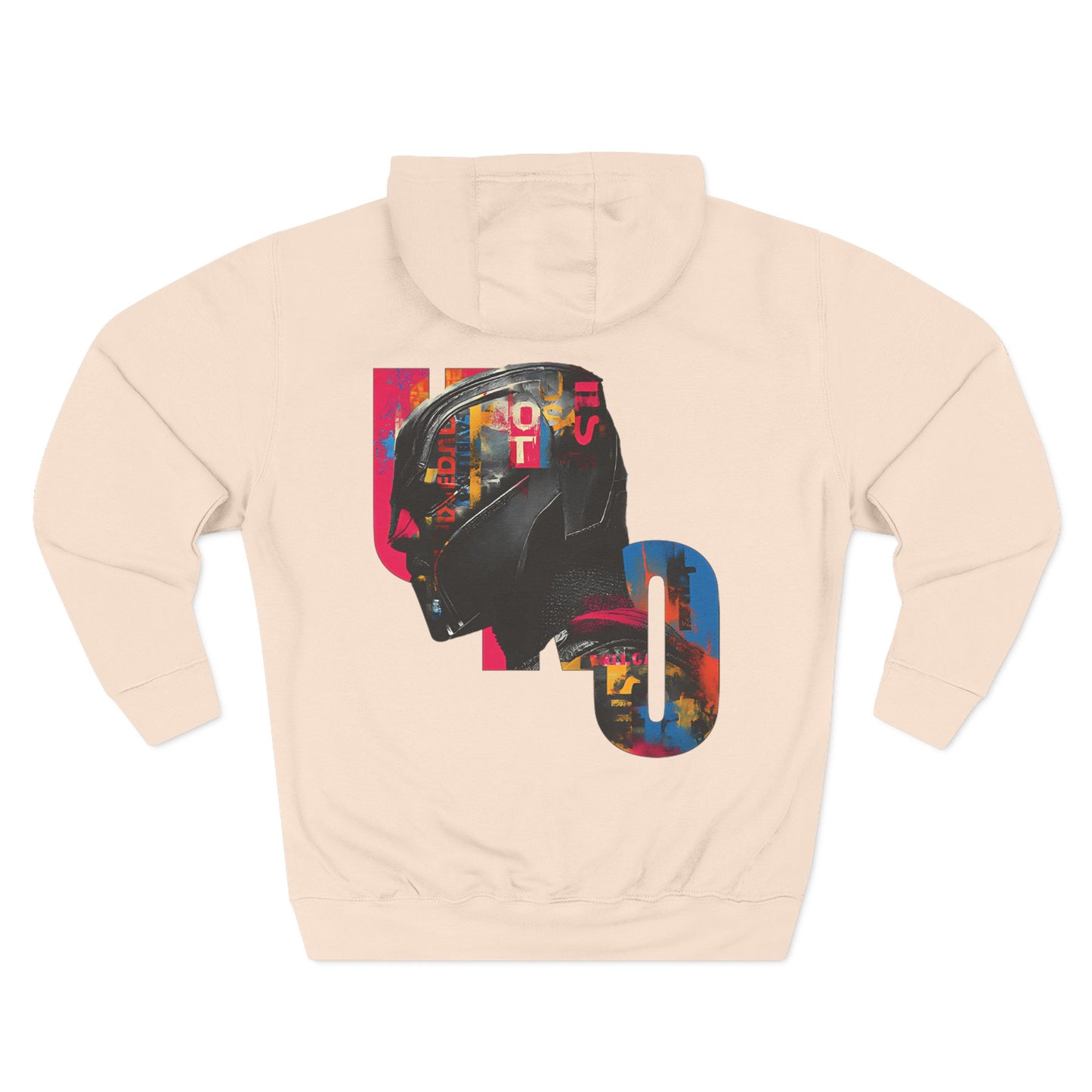 Beige hoodie with a colorful graphic design on the back