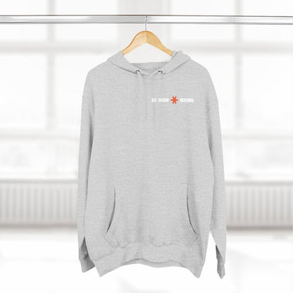 Gray hoodie with a logo on a hanger against a white background