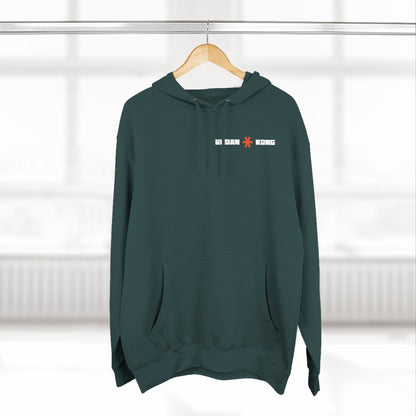 Green hoodie with text on a hanger against a white background