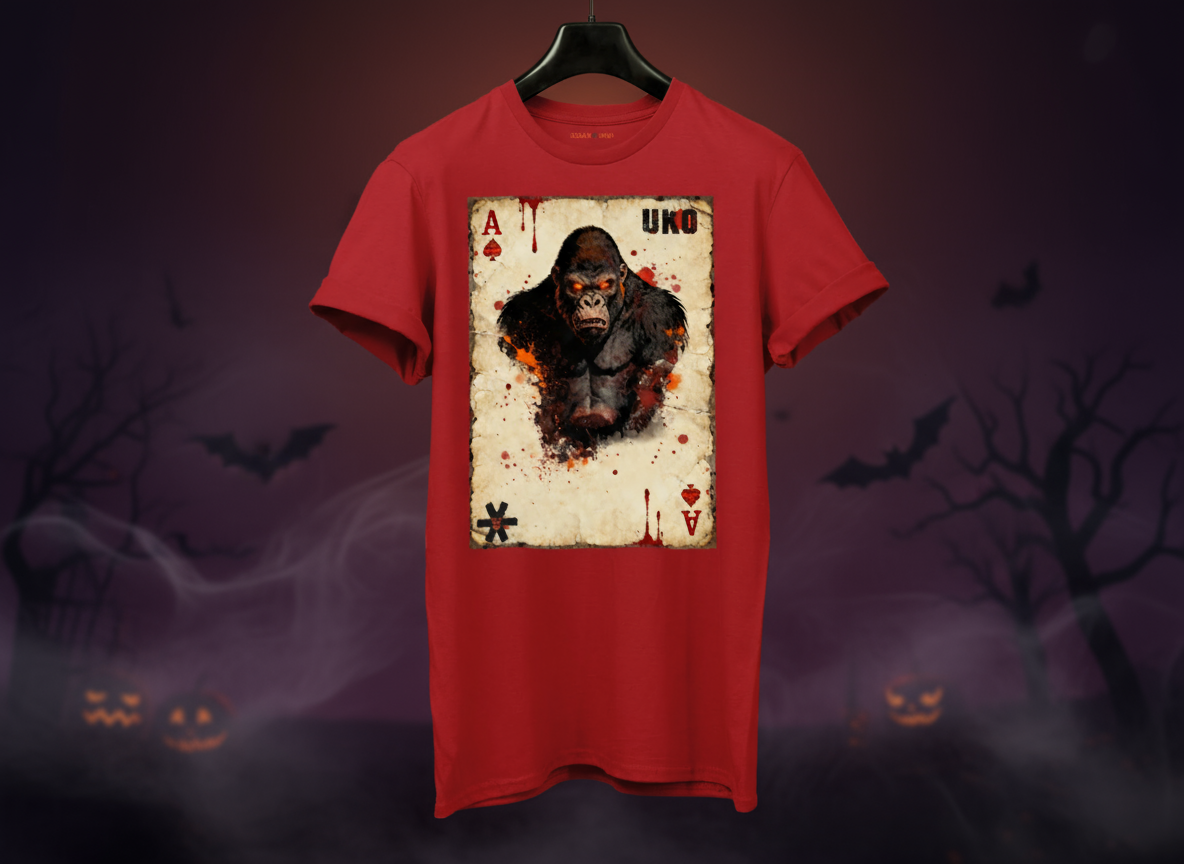 Red t-shirt with a graphic design of a monkey on a card against a Halloween-themed background.